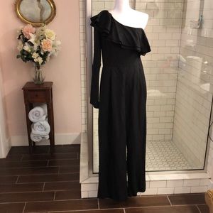 Black off shoulder one sleeve ruffle front cocktail jumpsuit size 14